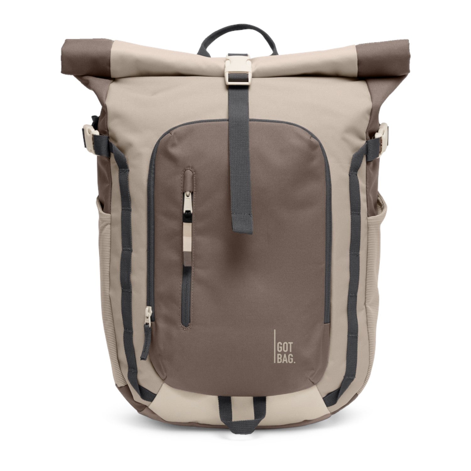 Lieblingstasche Rolltop Adventure backpack in beige and brown with multiple pockets and buckle closure.