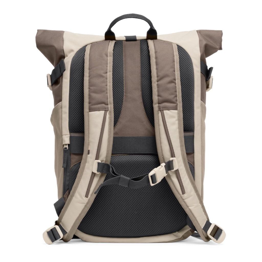 Lieblingstasche Rolltop Adventure backpack in beige and taupe with padded straps and mesh back panel.