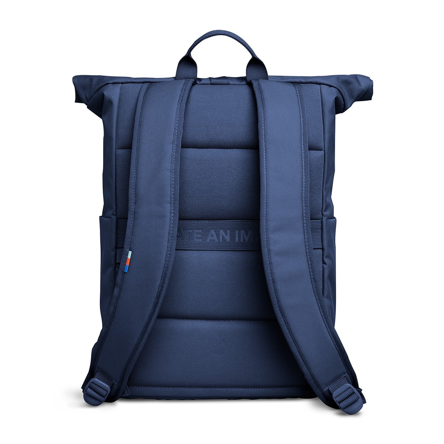 Lieblingstasche Rolltop Easy backpack in navy blue canvas with padded straps and a small flag detail.