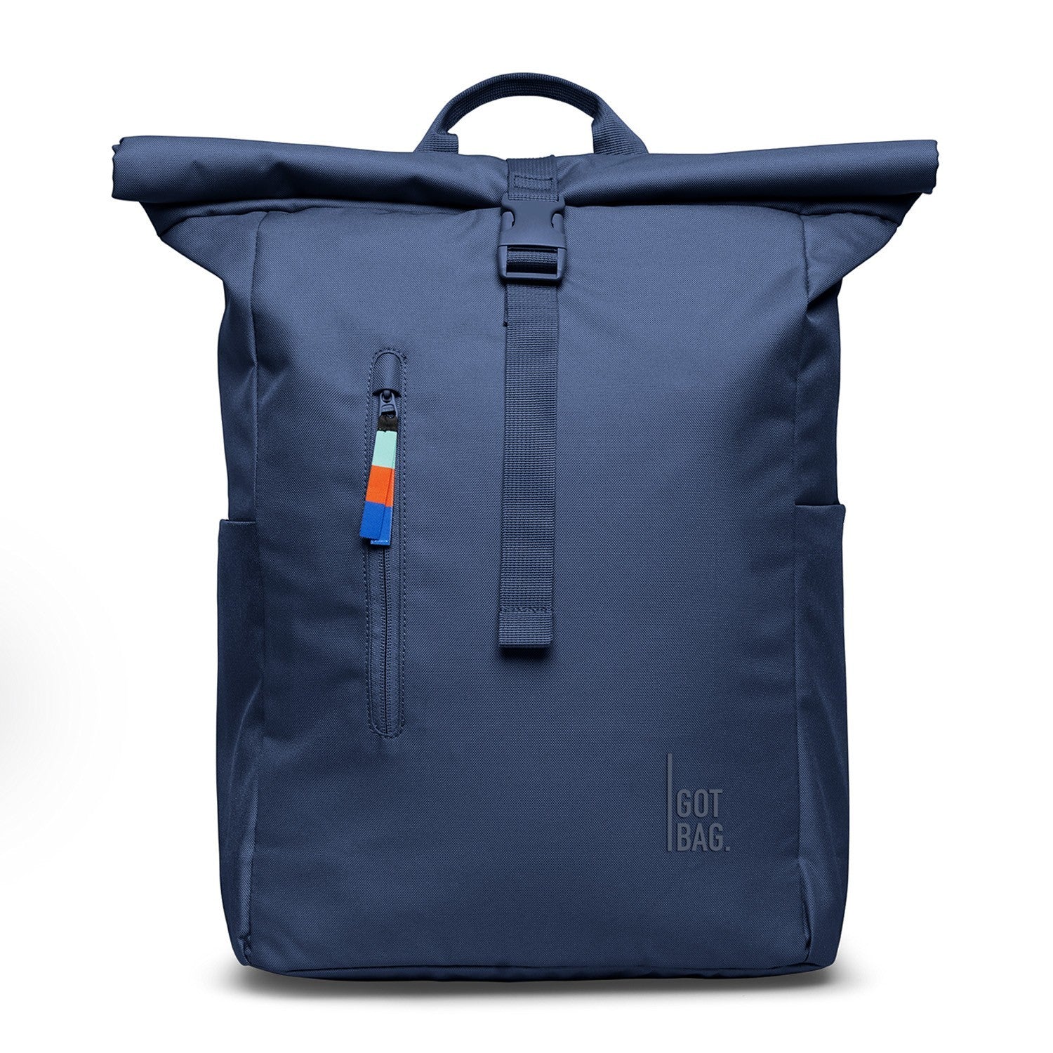 Lieblingstasche Rolltop Easy backpack in navy blue, featuring a roll-top closure and a colorful zipper pull.