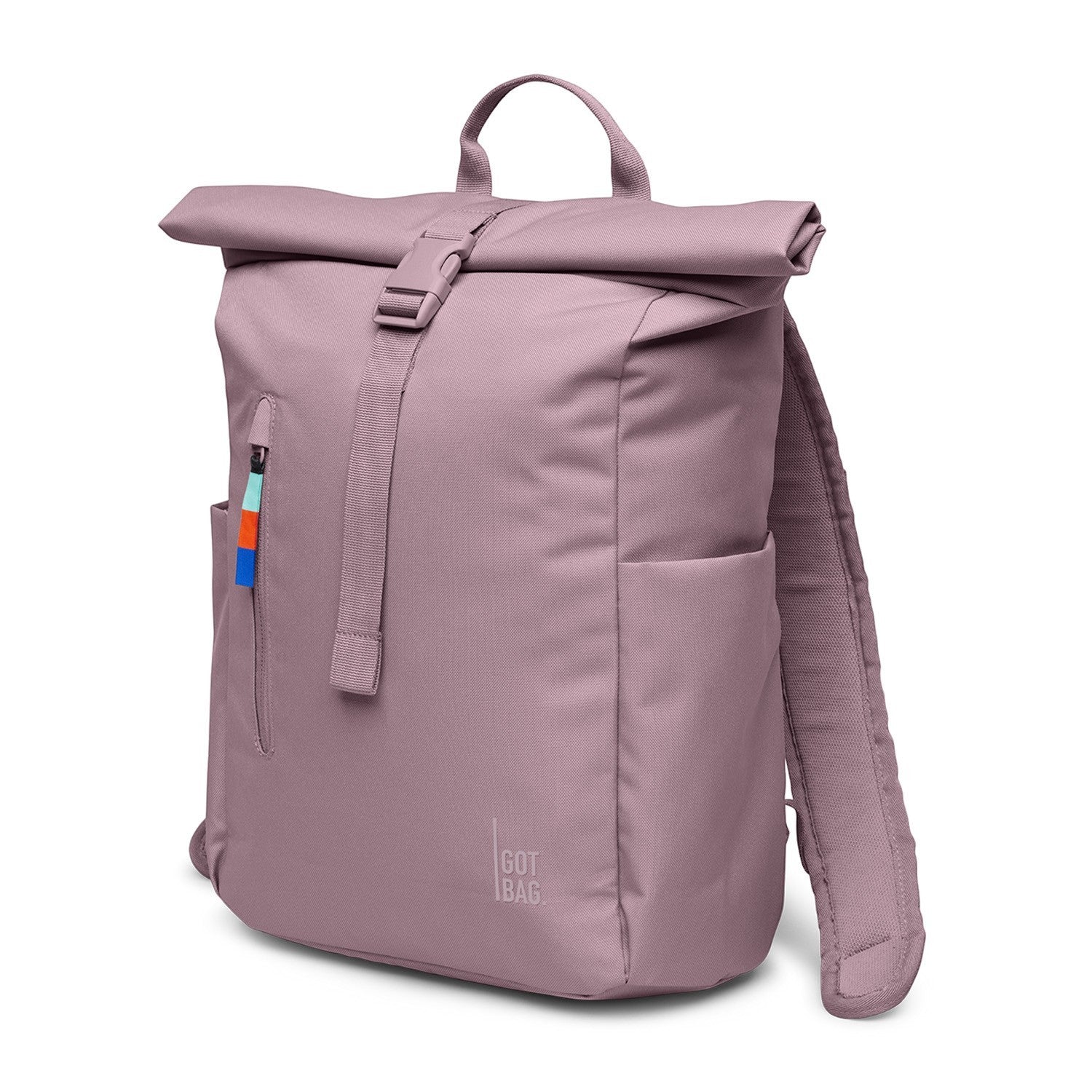 Lieblingstasche Rolltop Easy Small backpack in dusty rose, made from recycled materials, with side pockets and a colorful zipper pull.