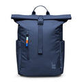 Lieblingstasche Rolltop Easy Small backpack in navy blue with a roll-top closure and front zip pocket with colorful pull tab.