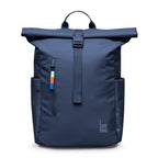 Lieblingstasche Rolltop Easy Small backpack in navy blue with a roll-top closure and front zip pocket with colorful pull tab.