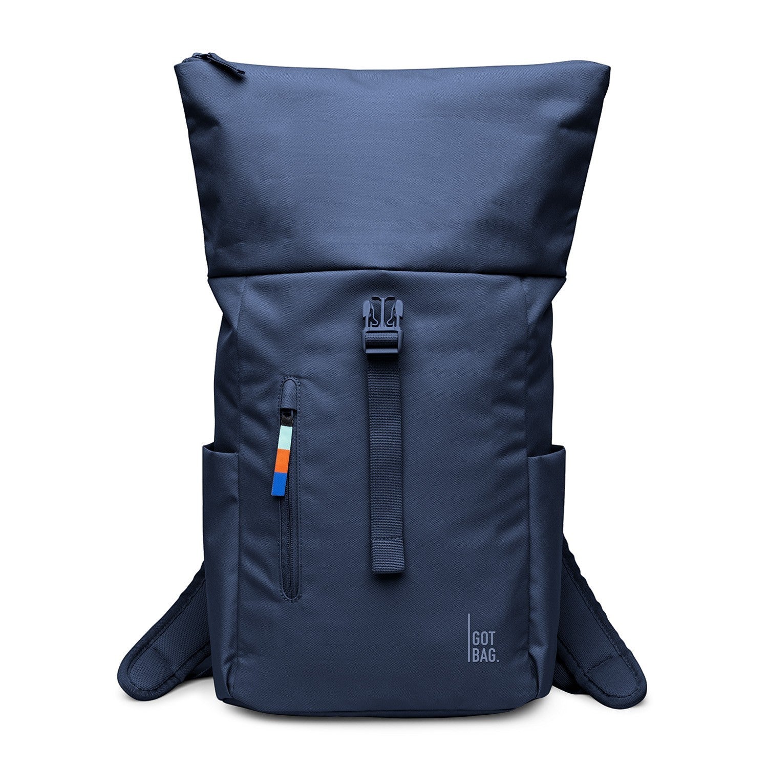 Lieblingstasche Rolltop Easy Small navy blue backpack with buckle closure and side pockets.