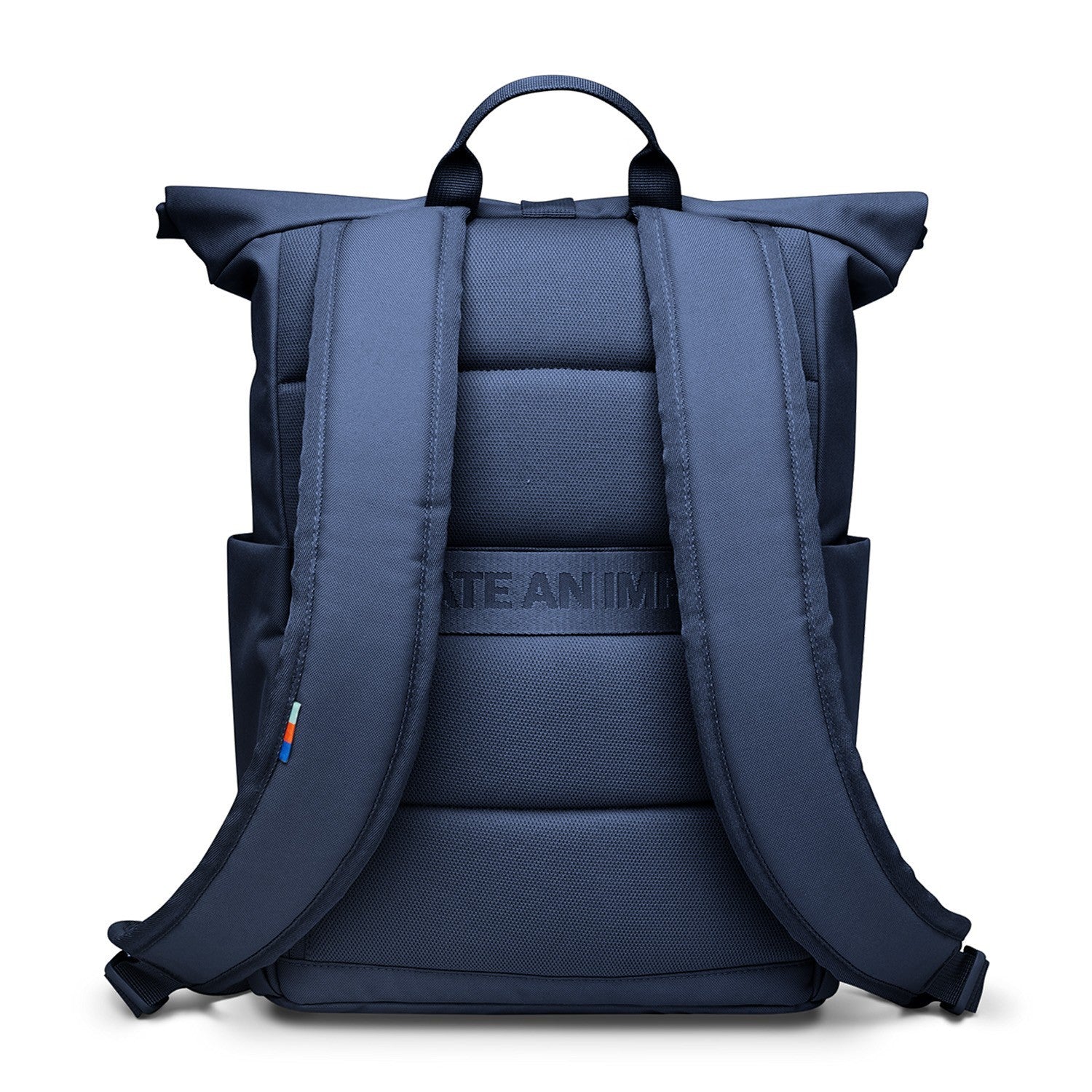 Lieblingstasche Rolltop Easy Small navy blue backpack with padded straps and a small flag detail.