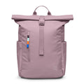 Lieblingstasche Rolltop Easy Small backpack in dusty rose pink with a roll-top closure and buckle. Features side pockets and a front zip pocket with a colorful pull tab.