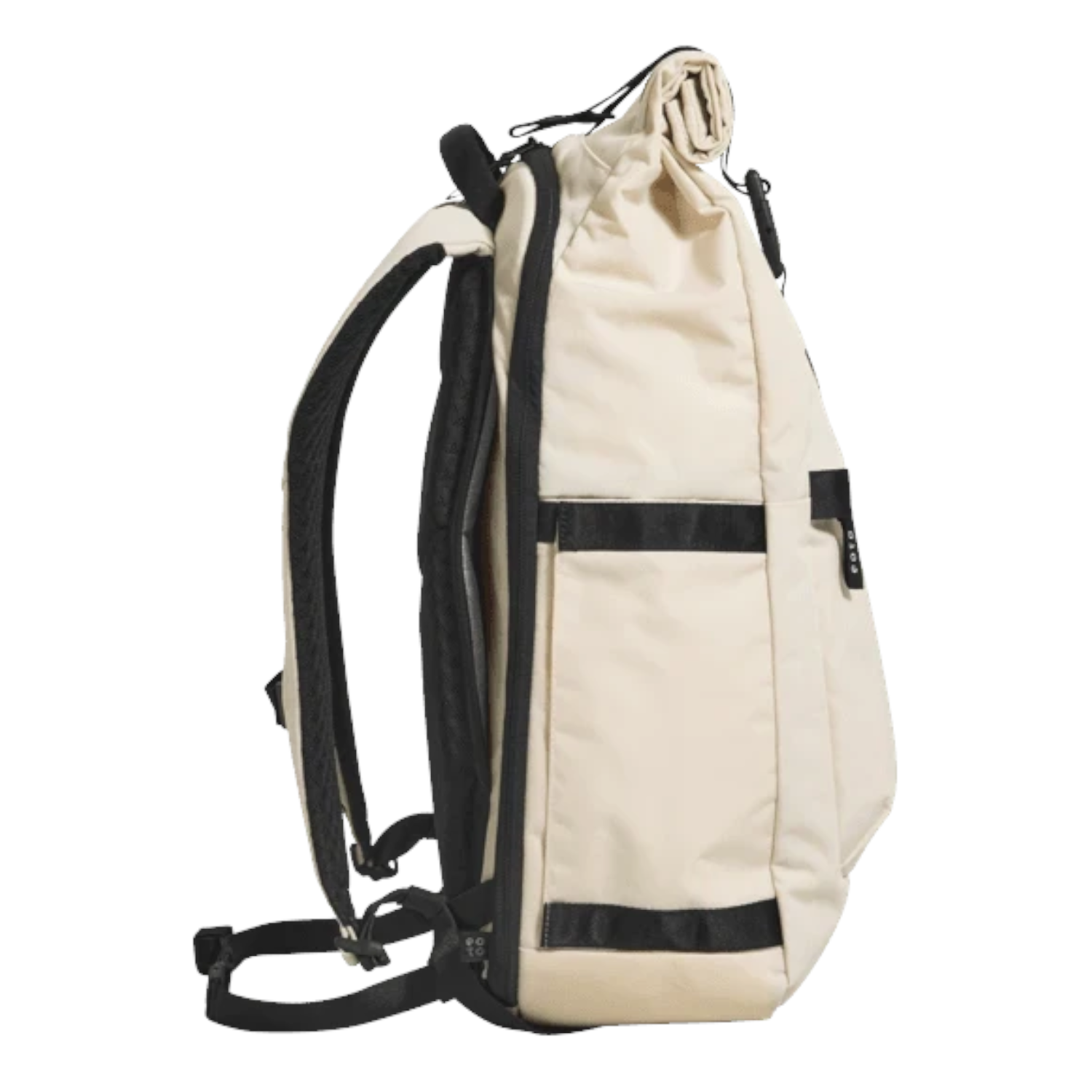 Lieblingstasche Rolly32 beige rolltop backpack with black straps and side pockets, side view