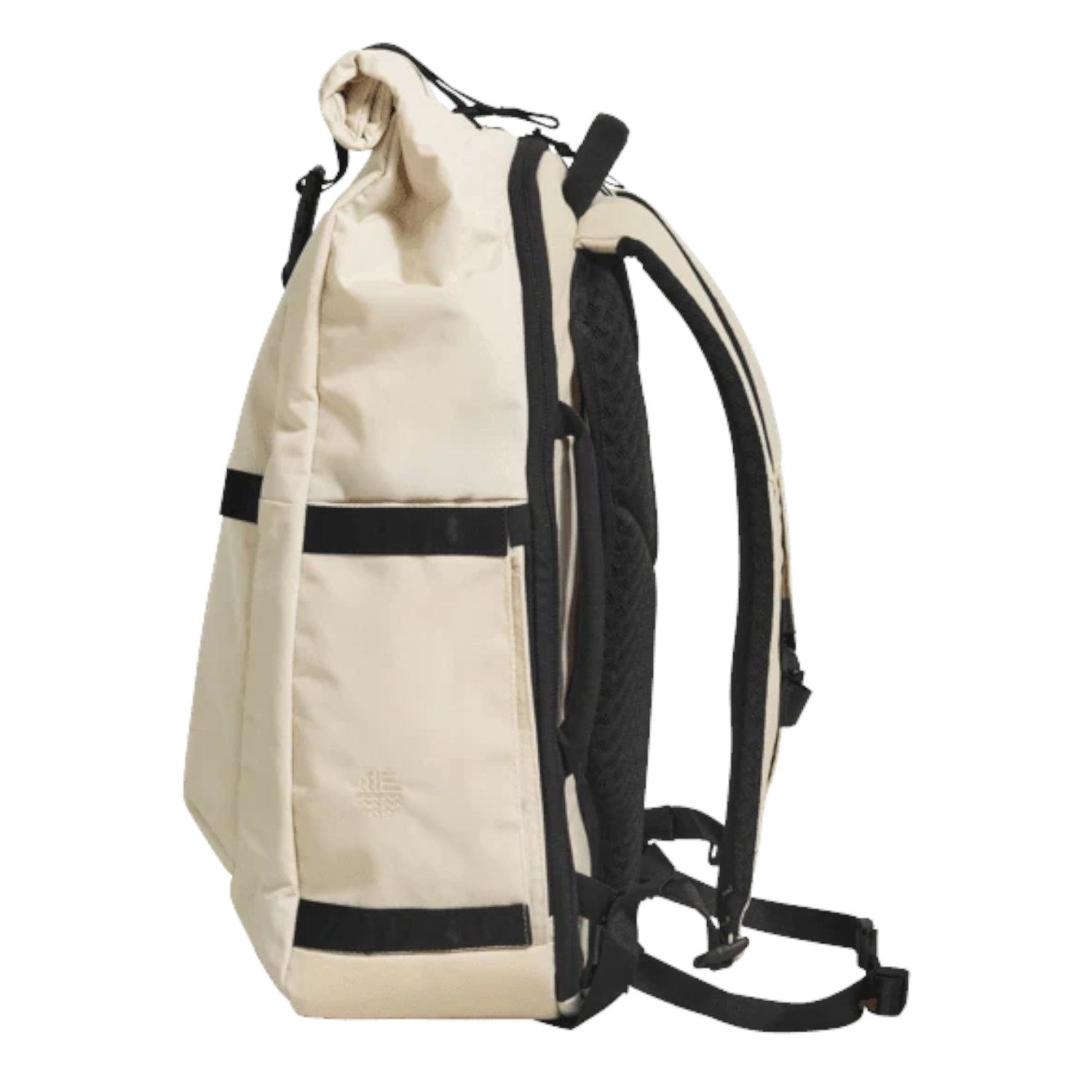Lieblingstasche Rolly32 beige rolltop backpack with black straps and breathable back padding, side view