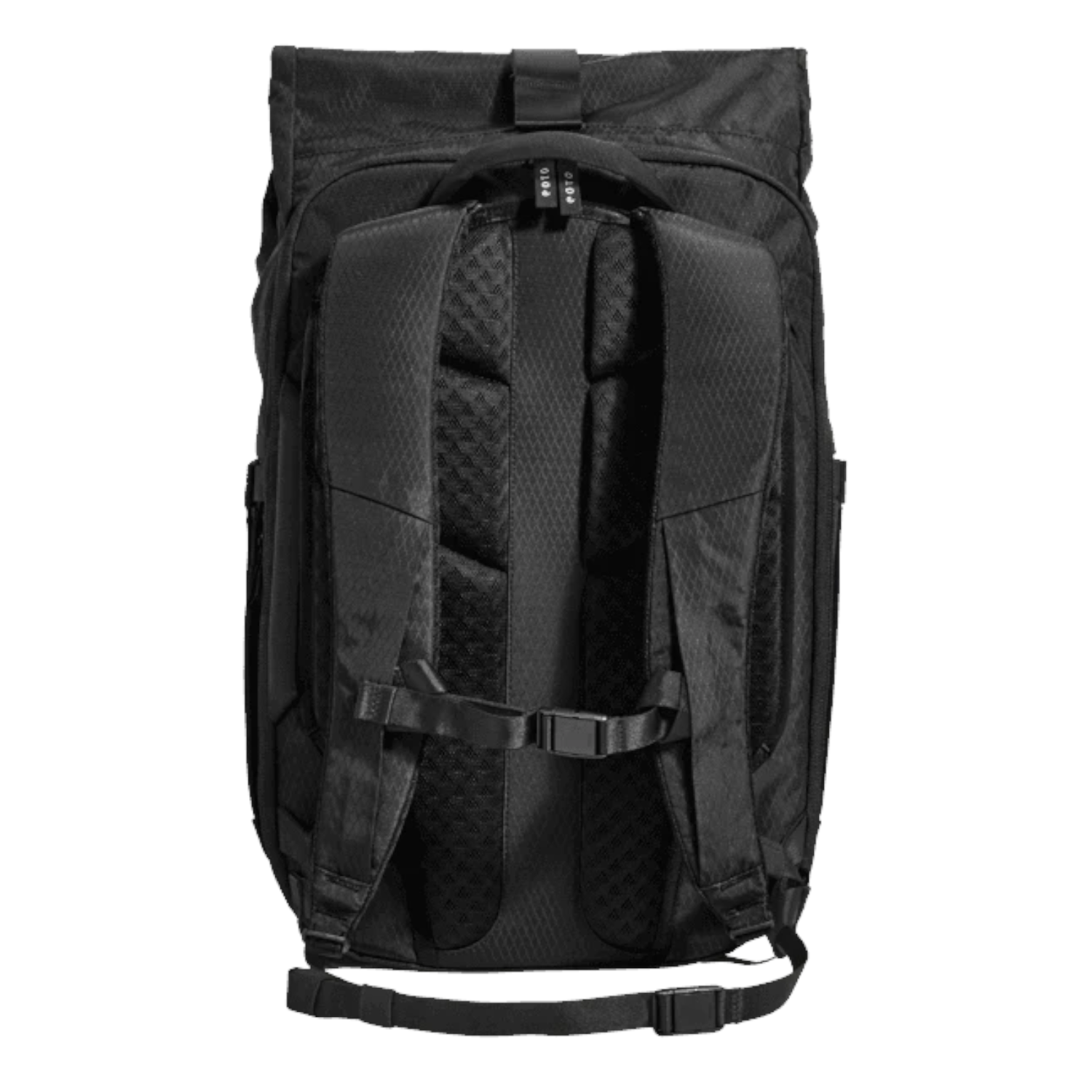 Lieblingstasche Rolly32 black rolltop backpack with breathable back padding, adjustable shoulder straps, and chest belt