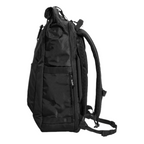 Lieblingstasche Rolly32 black rolltop backpack with side view, featuring durable recycled material and padded straps.