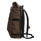 Lieblingstasche Rolly32 brown rolltop backpack with side view, featuring padded straps and durable recycled fabric.