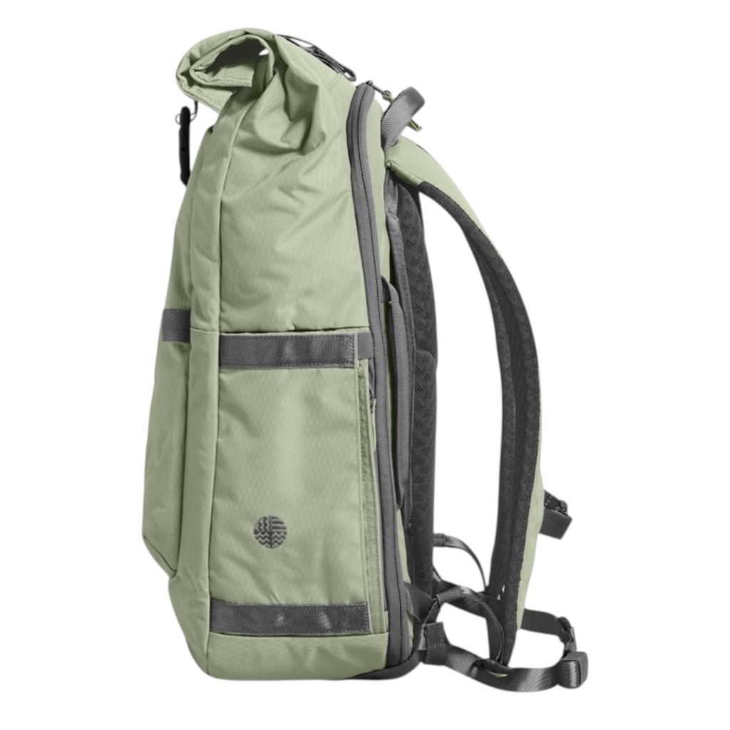 Lieblingstasche Rolly32 sage green water-resistant rolltop backpack with padded straps and side view