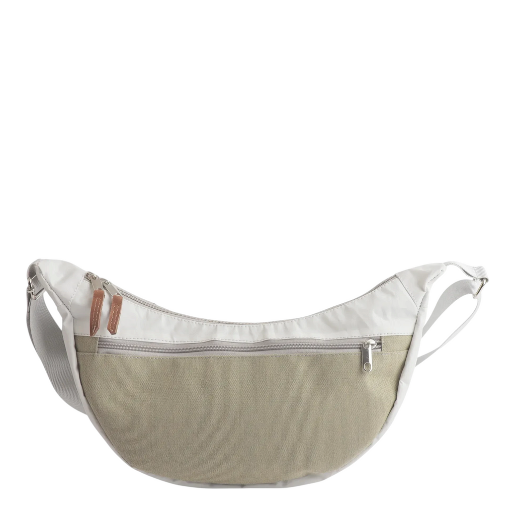 Lieblingstasche Roop L crescent-shaped crossbody bag in beige and white canvas with leather zipper pulls