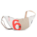 Lieblingstasche Roop crossbody bag made from recycled white sailcloth with a large orange number six and beige trim