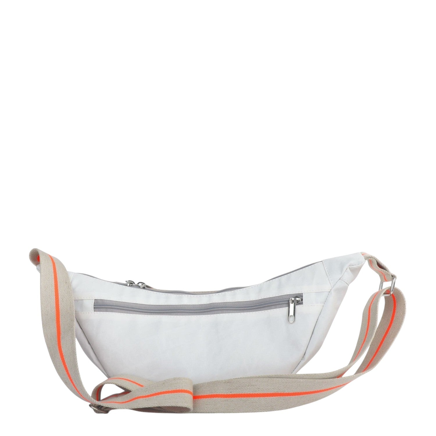 Lieblingstasche Roop white crossbody bag with a beige and orange striped adjustable strap and grey zipper details