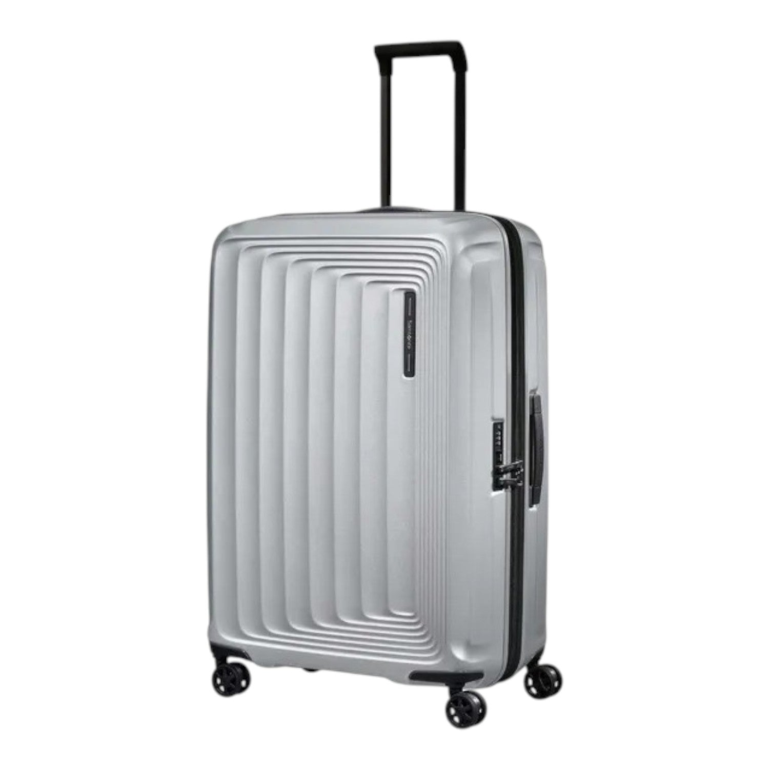 Lieblingstasche Samsonite NUON Spinner 69/25 suitcase in silver with a hard shell, TSA lock, and four spinner wheels.