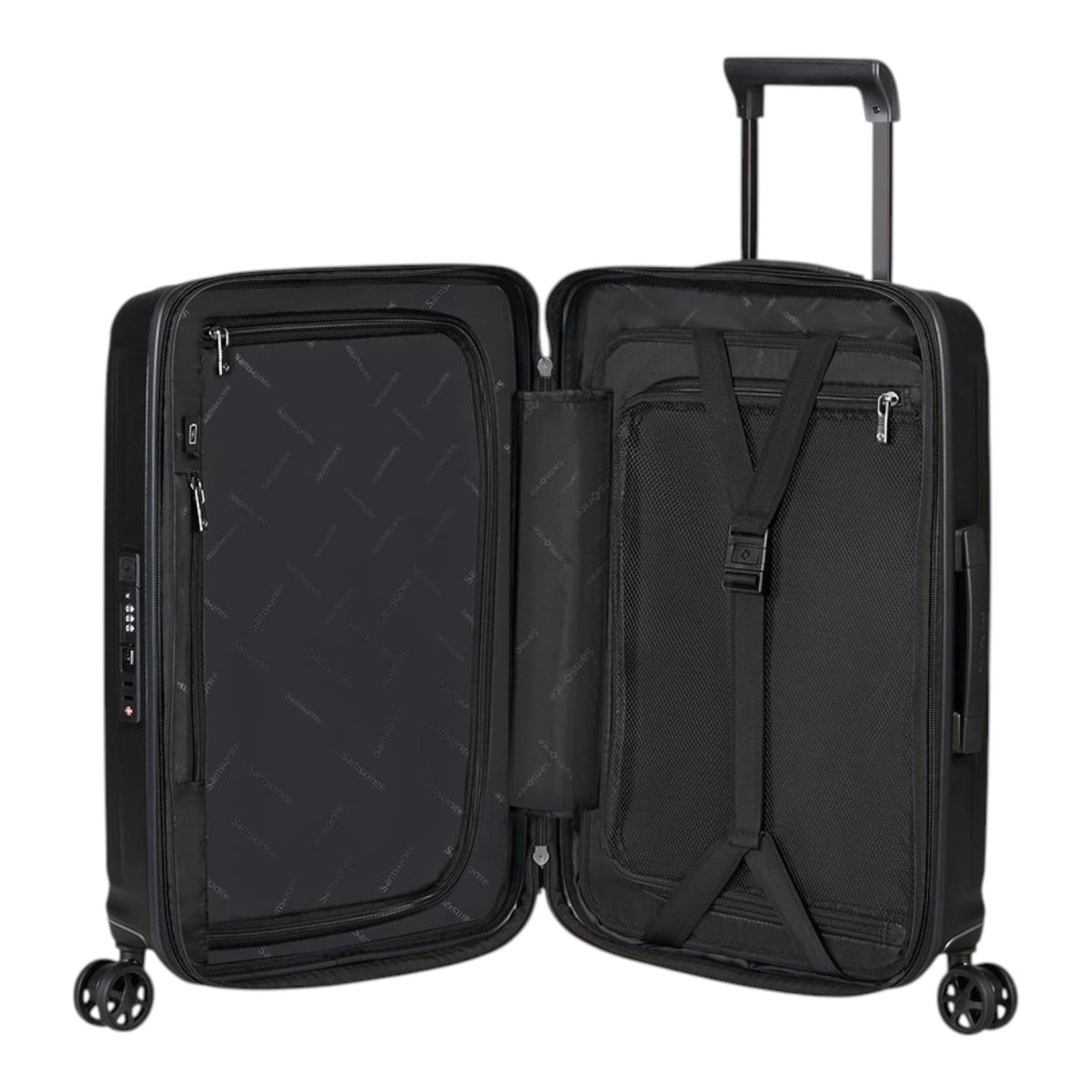 Lieblingstasche Samsonite NUON Spinner 55/20 carry-on suitcase in black with open interior and TSA lock
