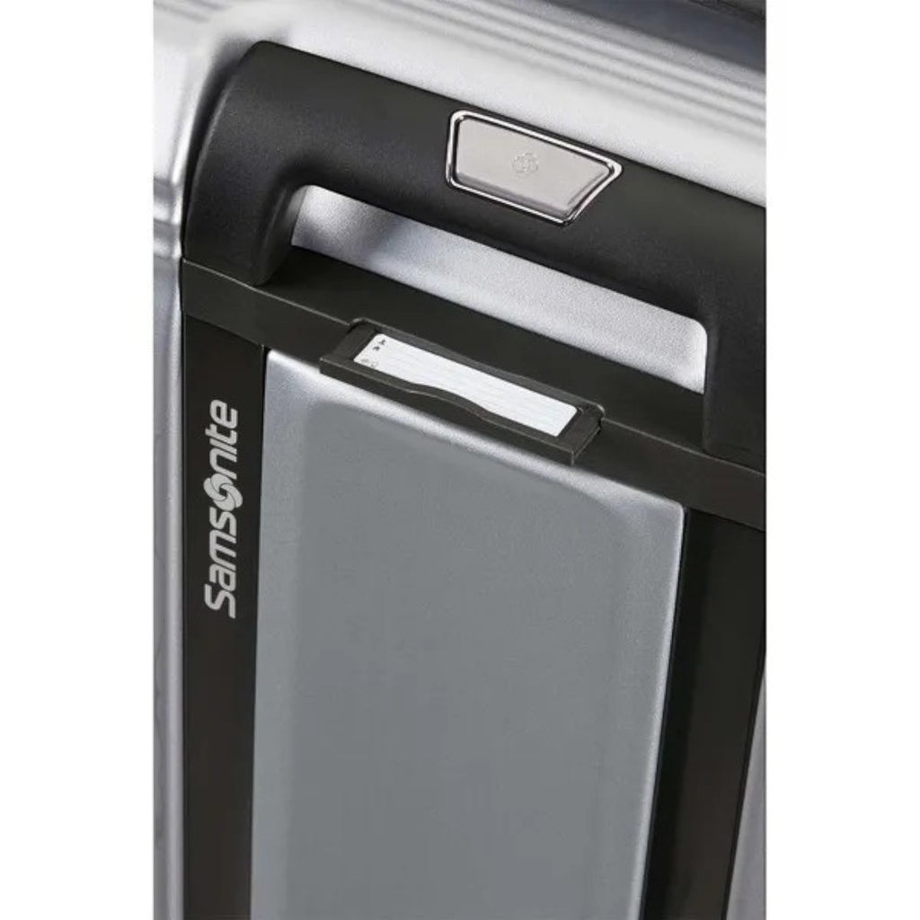 Lieblingstasche Samsonite NUON Spinner suitcase top handle with integrated address tag and silver hard shell detail