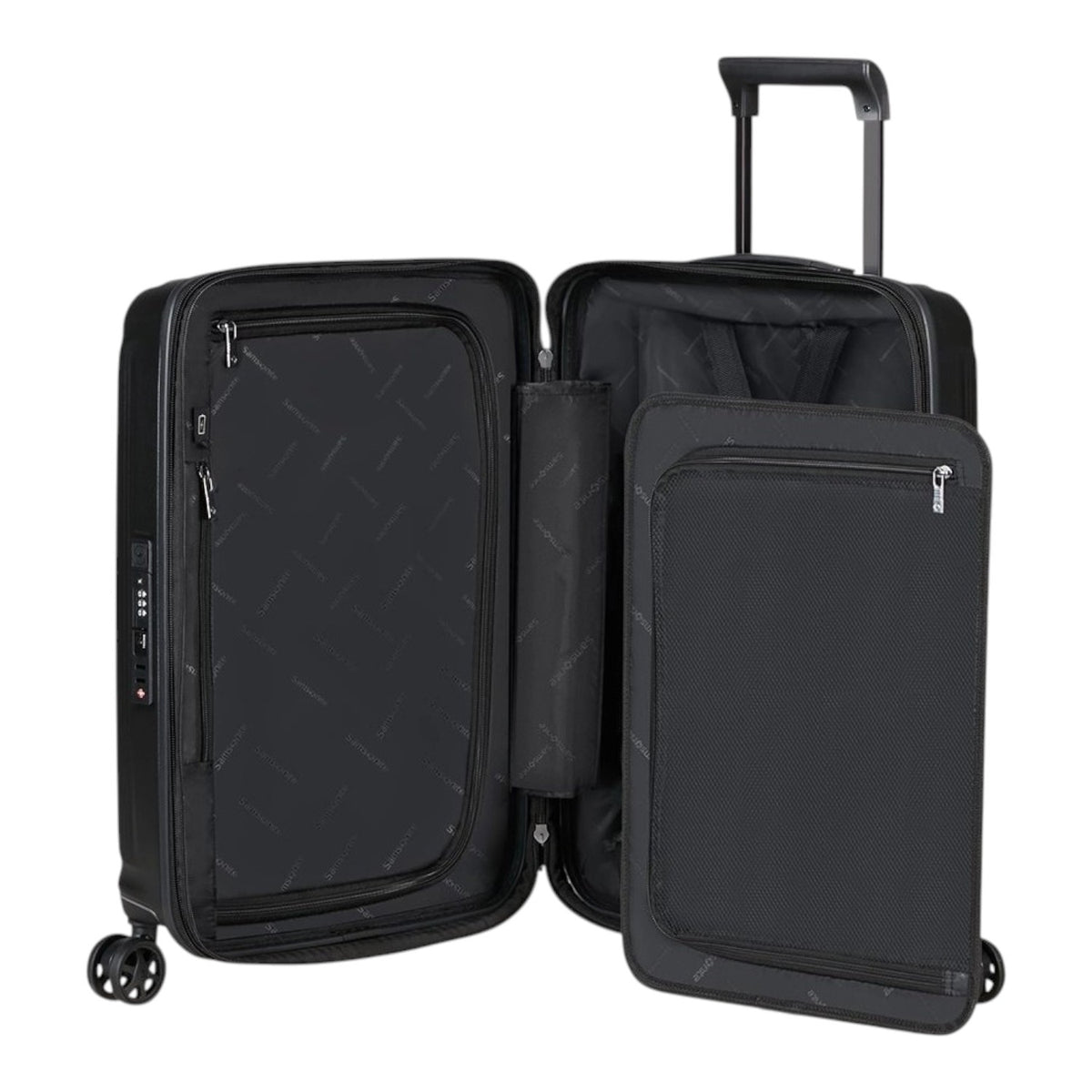 Lieblingstasche Samsonite NUON Spinner 55/20 carry-on suitcase in black with open interior and TSA lock