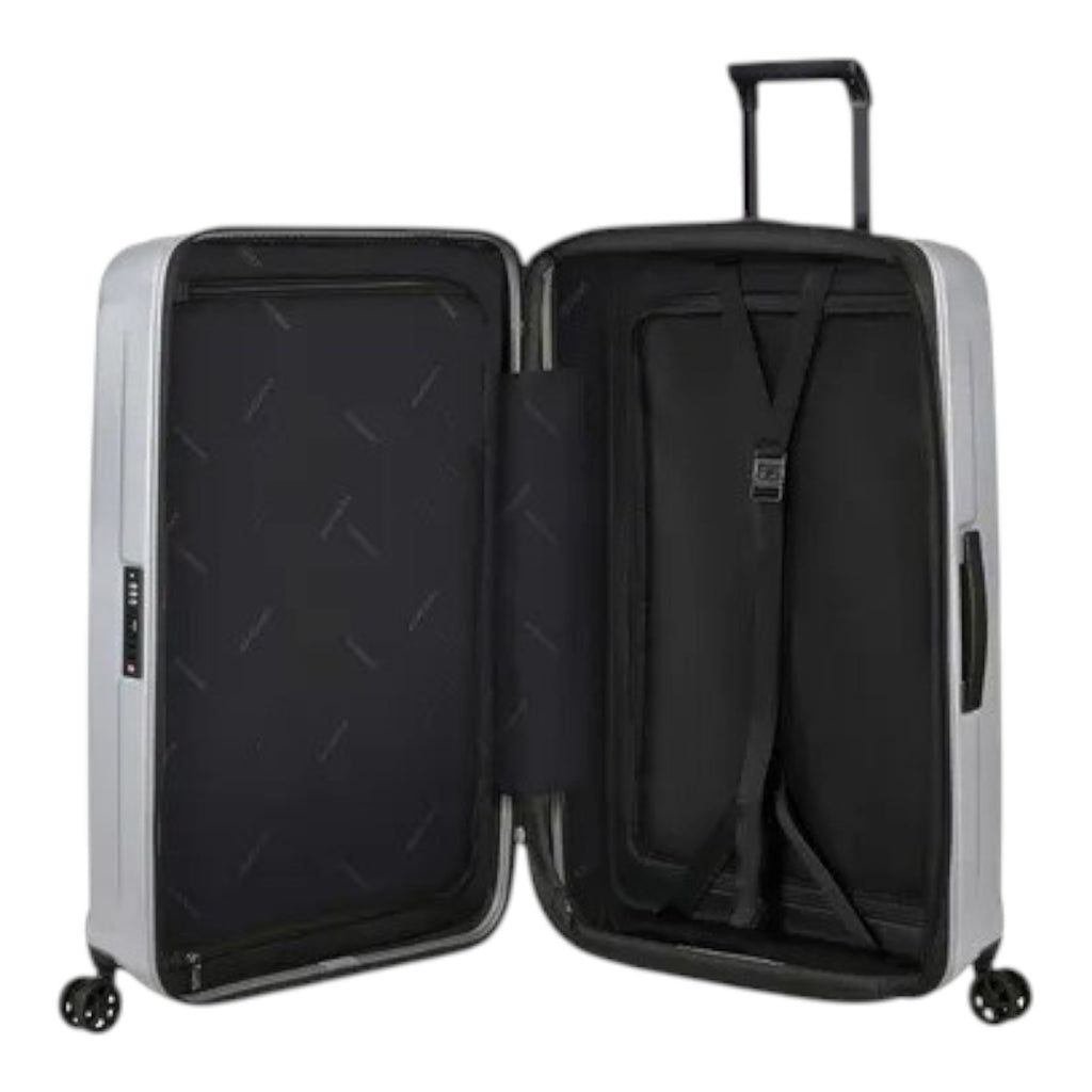 Lieblingstasche Samsonite NUON Spinner 69/25 suitcase in silver with open interior, TSA lock, and smooth wheels