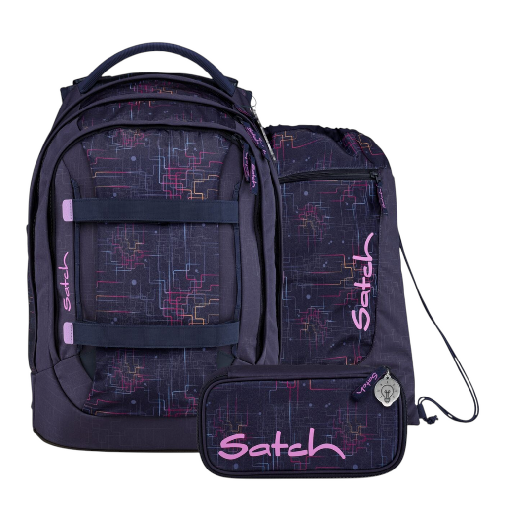 Lieblingstasche Satch school backpack set in dark purple with a geometric grid pattern and pink logo accents