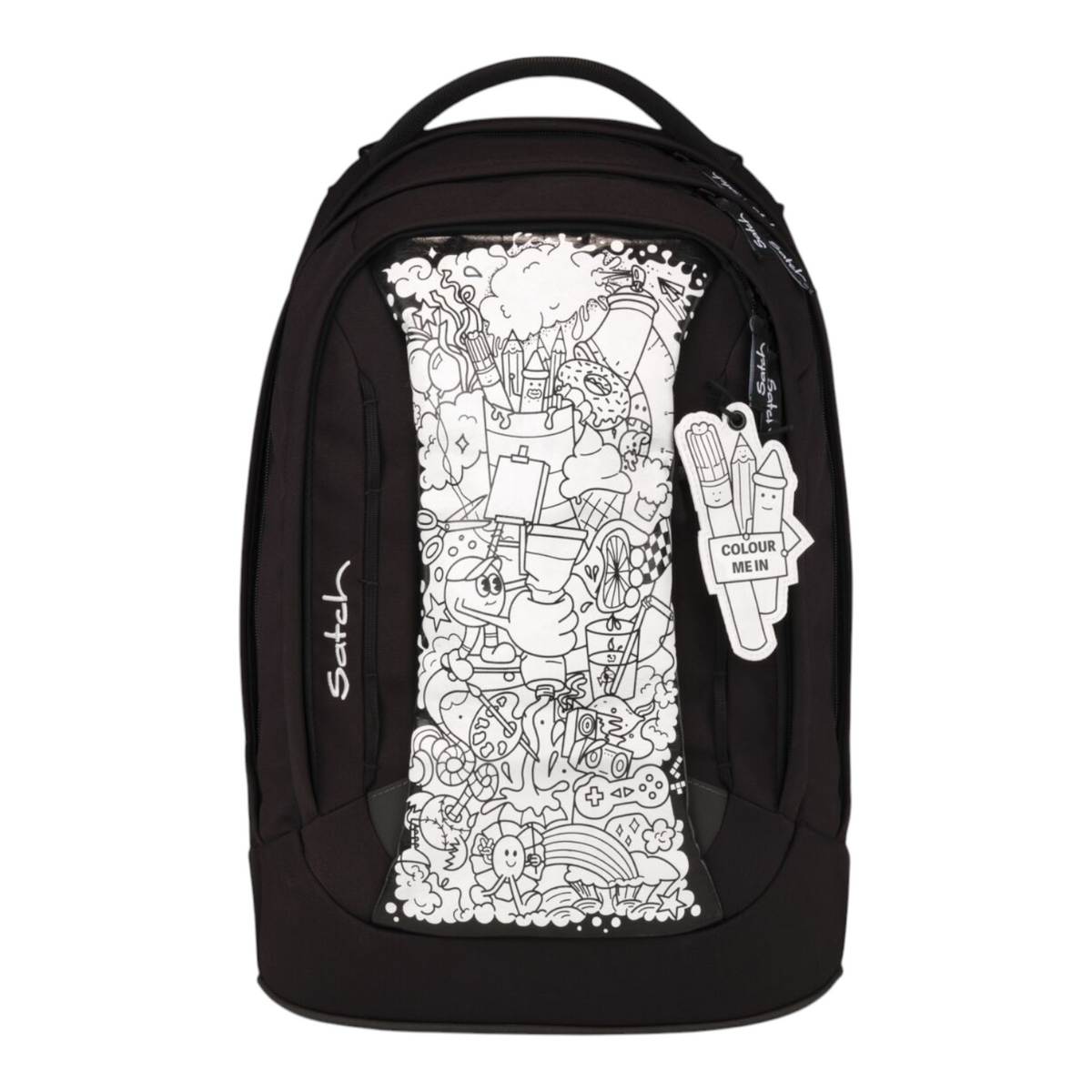 Lieblingstasche Satch school backpack in black with a white doodle-style colouring panel and matching tag.