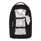 Lieblingstasche Satch school backpack in black with a white doodle-style coloring panel and matching tag