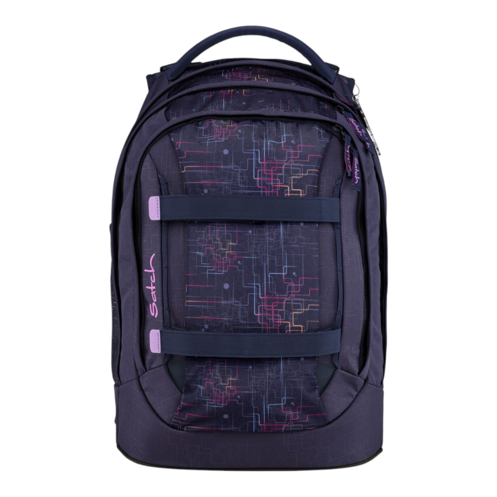 Lieblingstasche Satch school backpack in dark blue with a geometric neon line pattern and purple accents