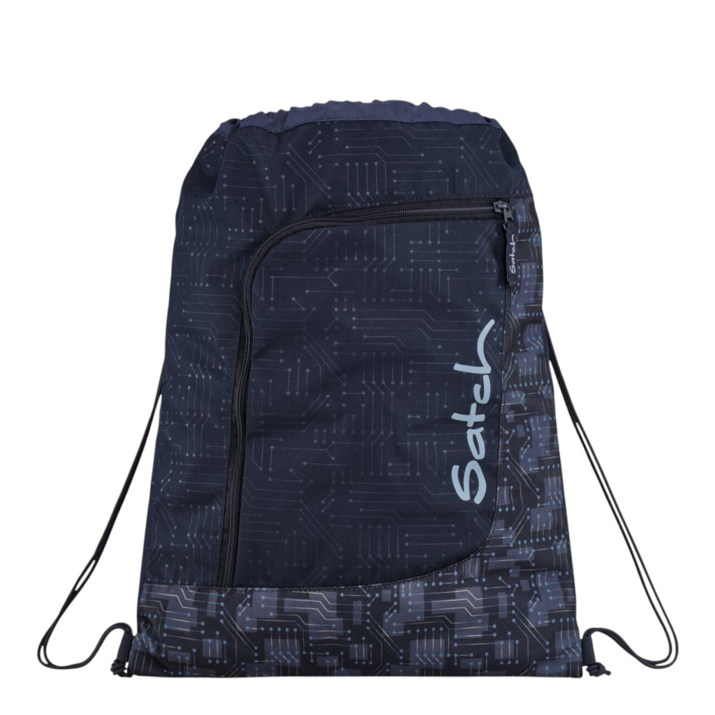 Lieblingstasche Satch drawstring backpack in dark blue with a geometric circuit board pattern and front zip pocket