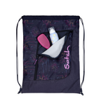 Lieblingstasche Satch drawstring bag in dark blue with geometric pattern, front zipper pocket, and pink logo