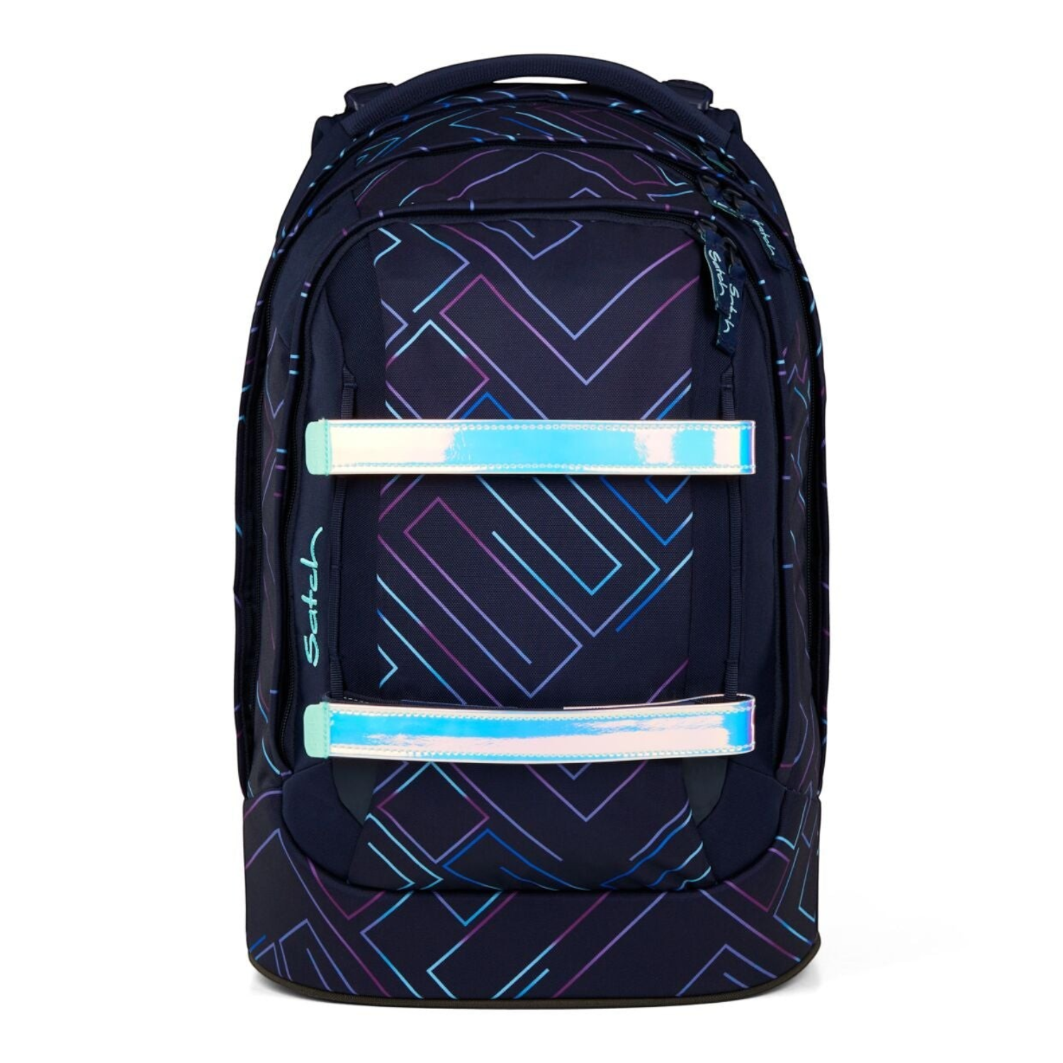 Lieblingstasche satch pack school backpack in dark blue with geometric neon purple and blue lines and reflective straps