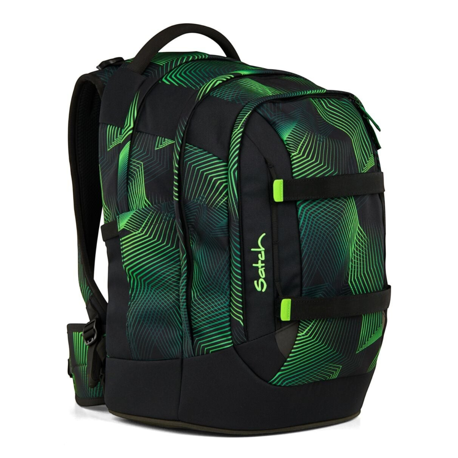 Lieblingstasche satch pack school backpack in black with green geometric line pattern and adjustable straps