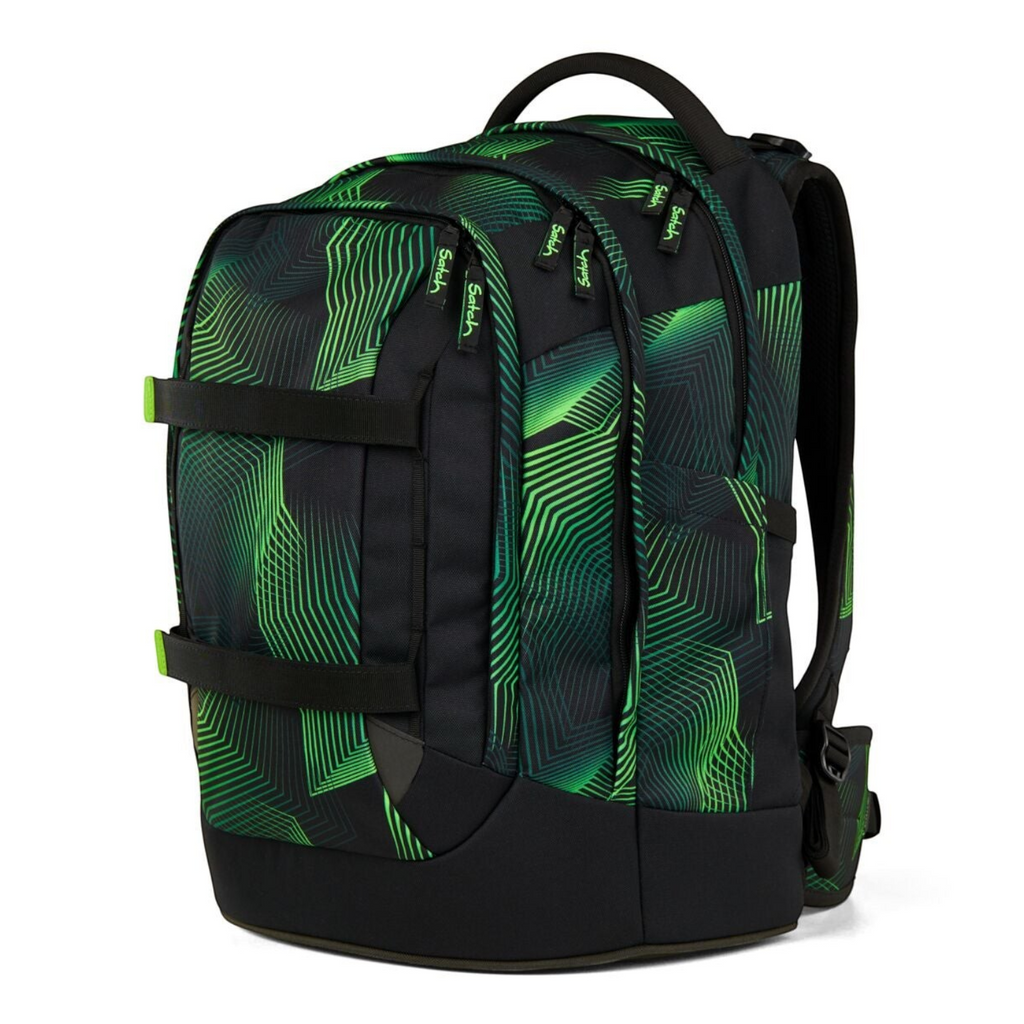Lieblingstasche satch pack school backpack in black with green geometric line pattern and adjustable straps