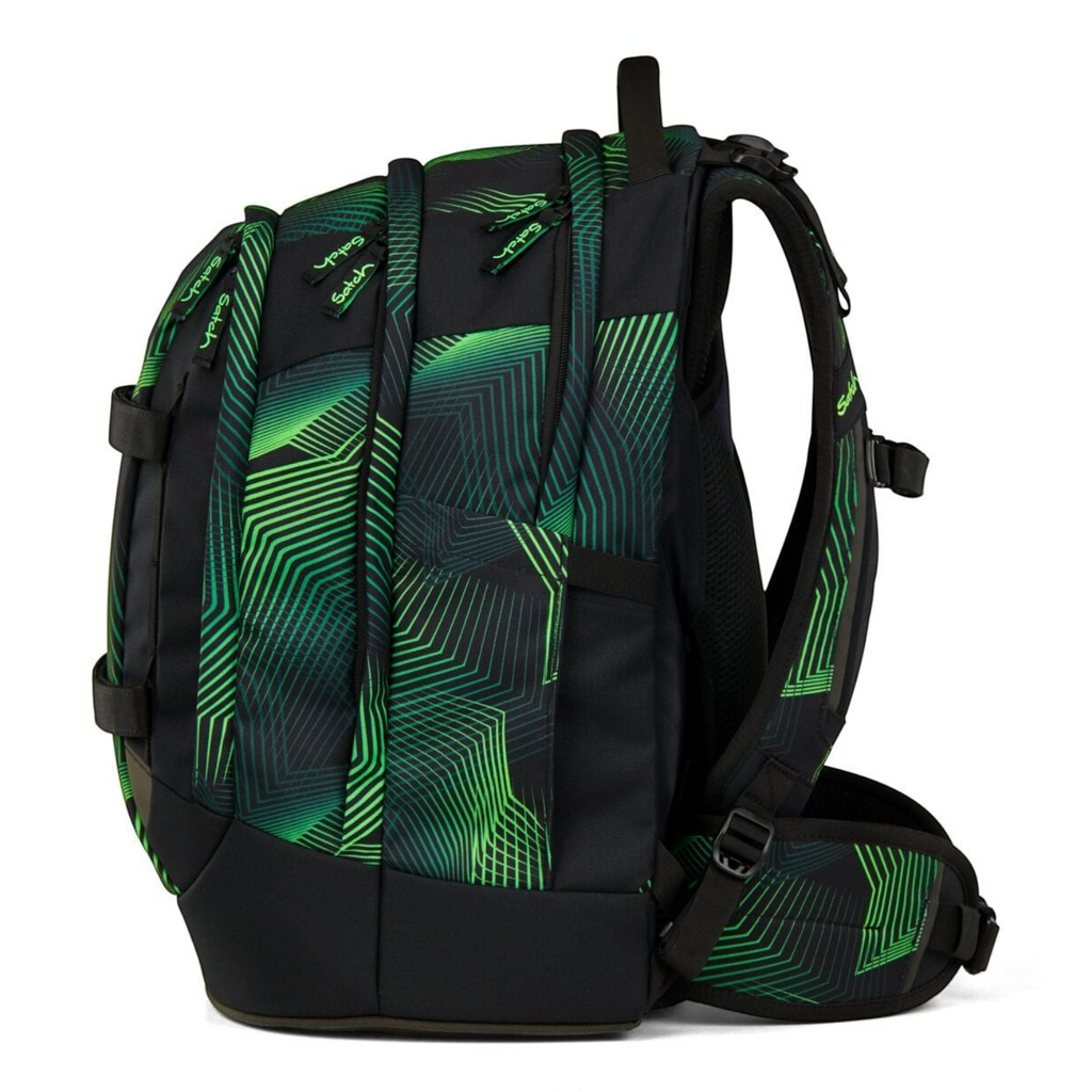 Lieblingstasche satch pack school backpack in black and green with geometric patterns and ergonomic side view