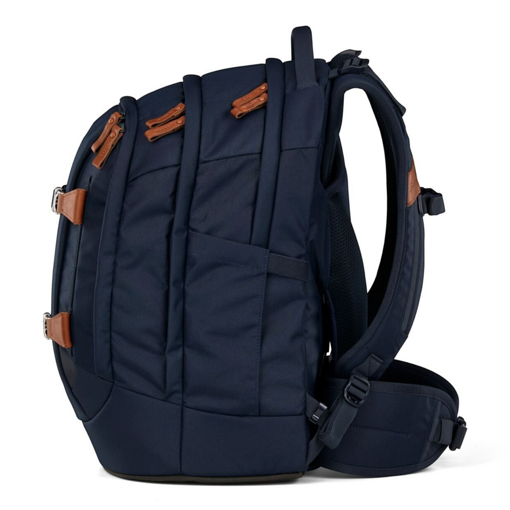 Lieblingstasche satch PACK school backpack in navy blue with brown leather-look accents and ergonomic straps