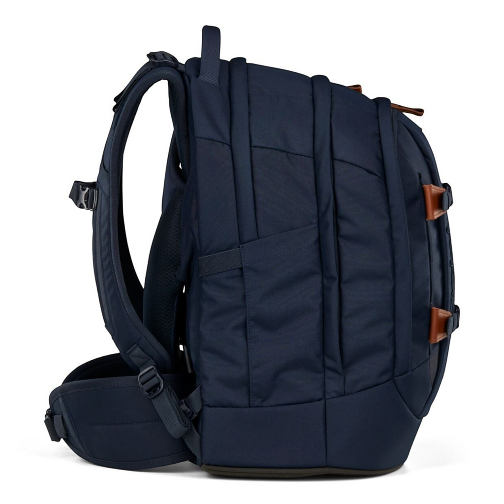 Lieblingstasche satch PACK school backpack in navy blue with brown leather-look accents, side view