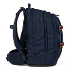 Lieblingstasche satch PACK school backpack in navy blue with brown leather-look accents, side view
