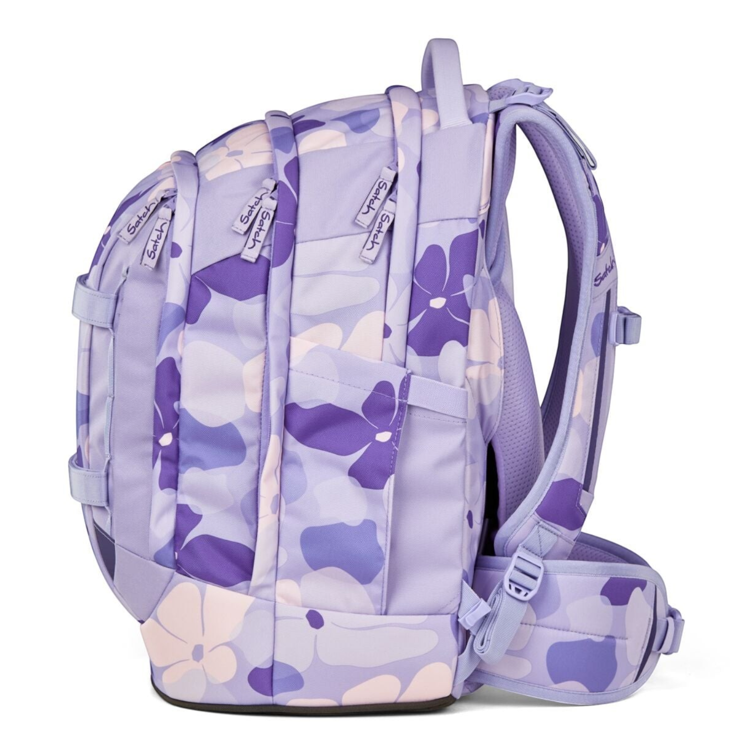Lieblingstasche satch pack school backpack in light purple with a floral pattern, side view showing ergonomic straps