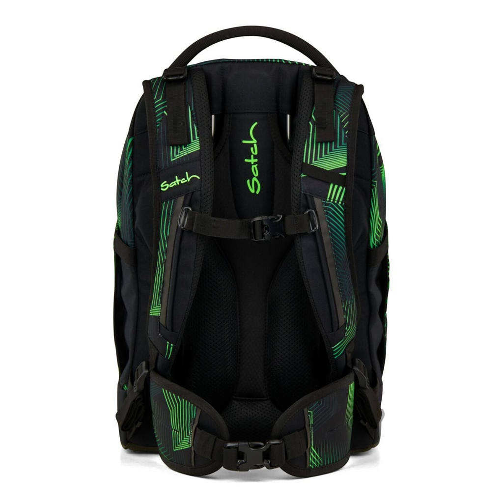 Lieblingstasche satch pack school backpack in black with green geometric patterns, showing the ergonomic back system.
