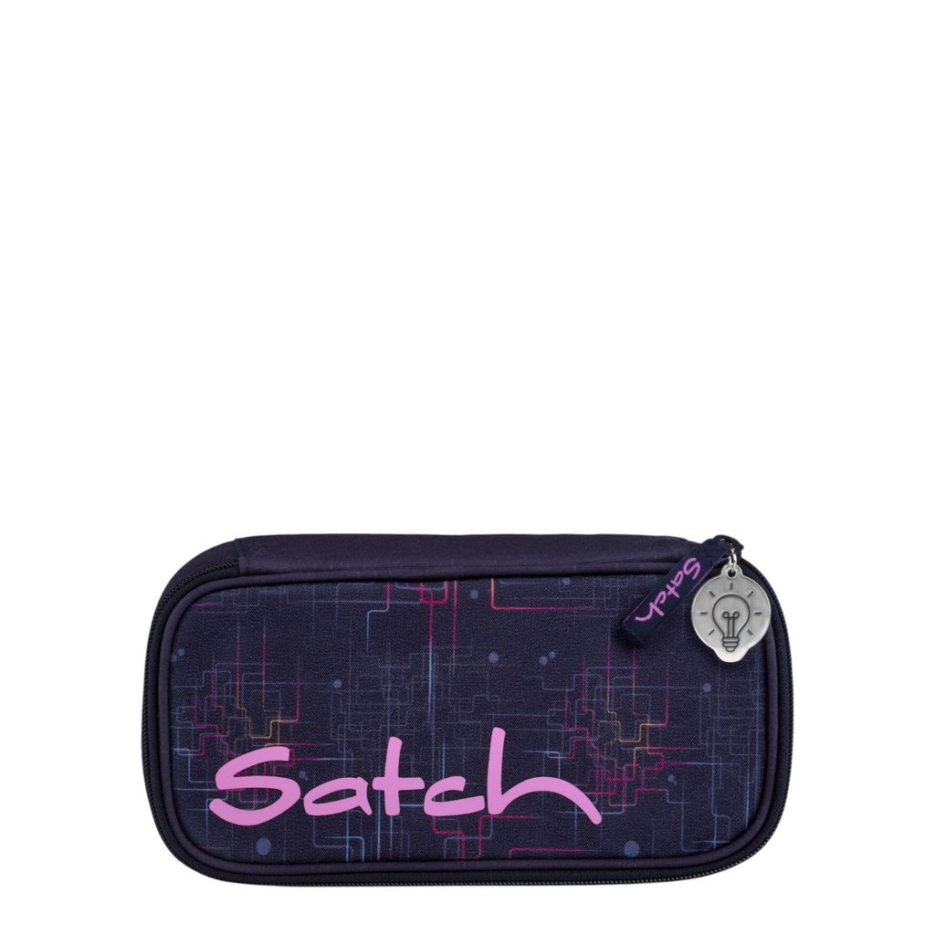 Lieblingstasche Satch pencil case in dark blue with a pink geometric pattern and lightbulb zipper charm