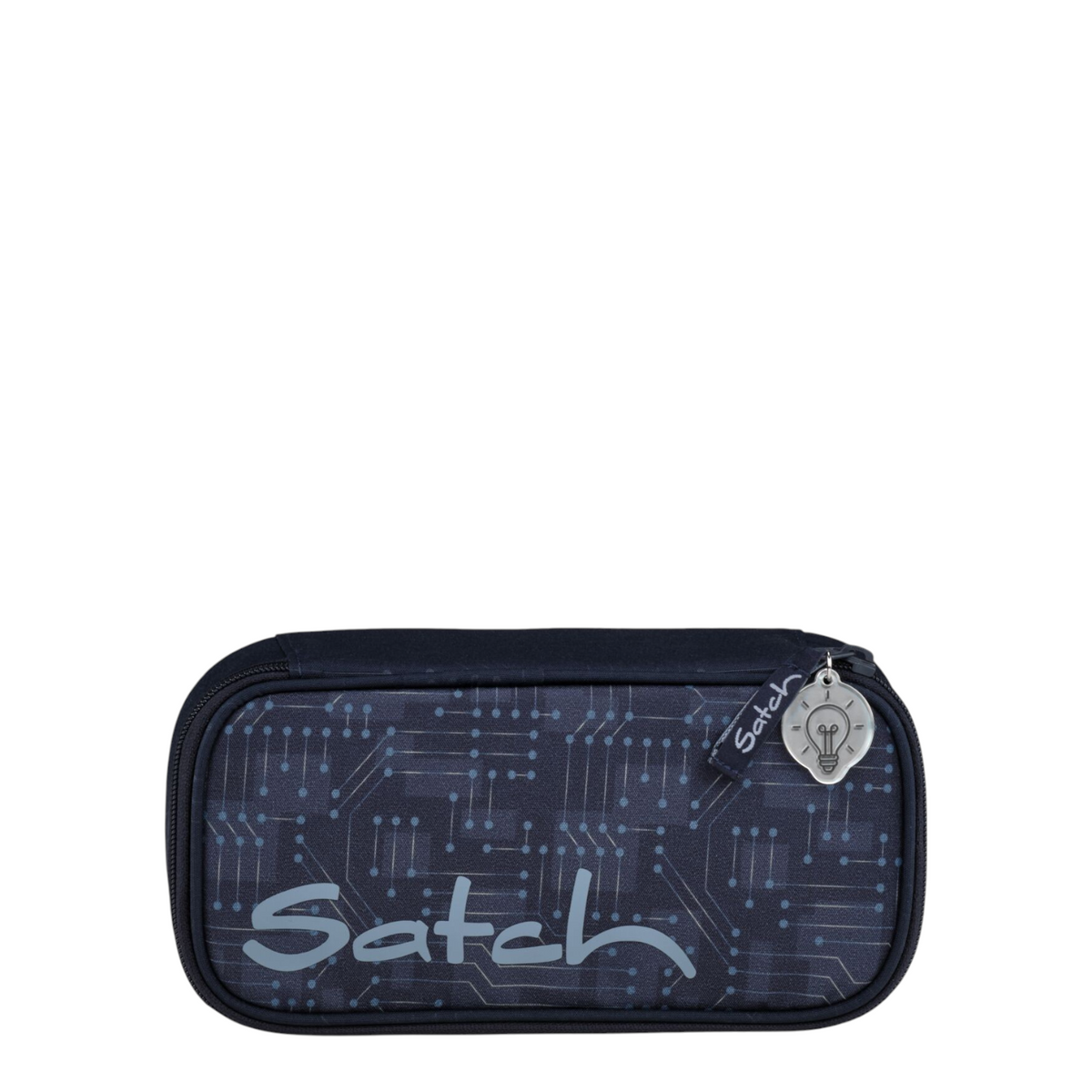 Lieblingstasche Satch pencil case in dark blue with a circuit board pattern and a lightbulb zipper charm