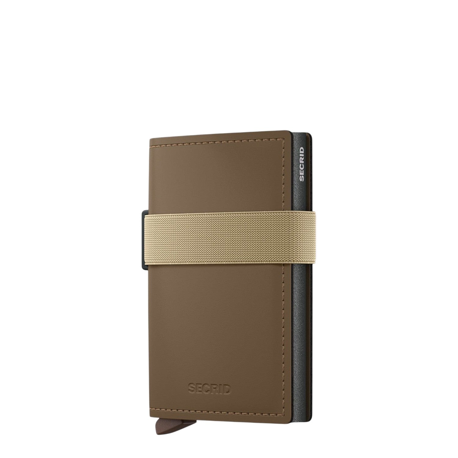Lieblingstasche Secrid Bandwallet Matte in brown leather with a beige elastic band and integrated card protector.