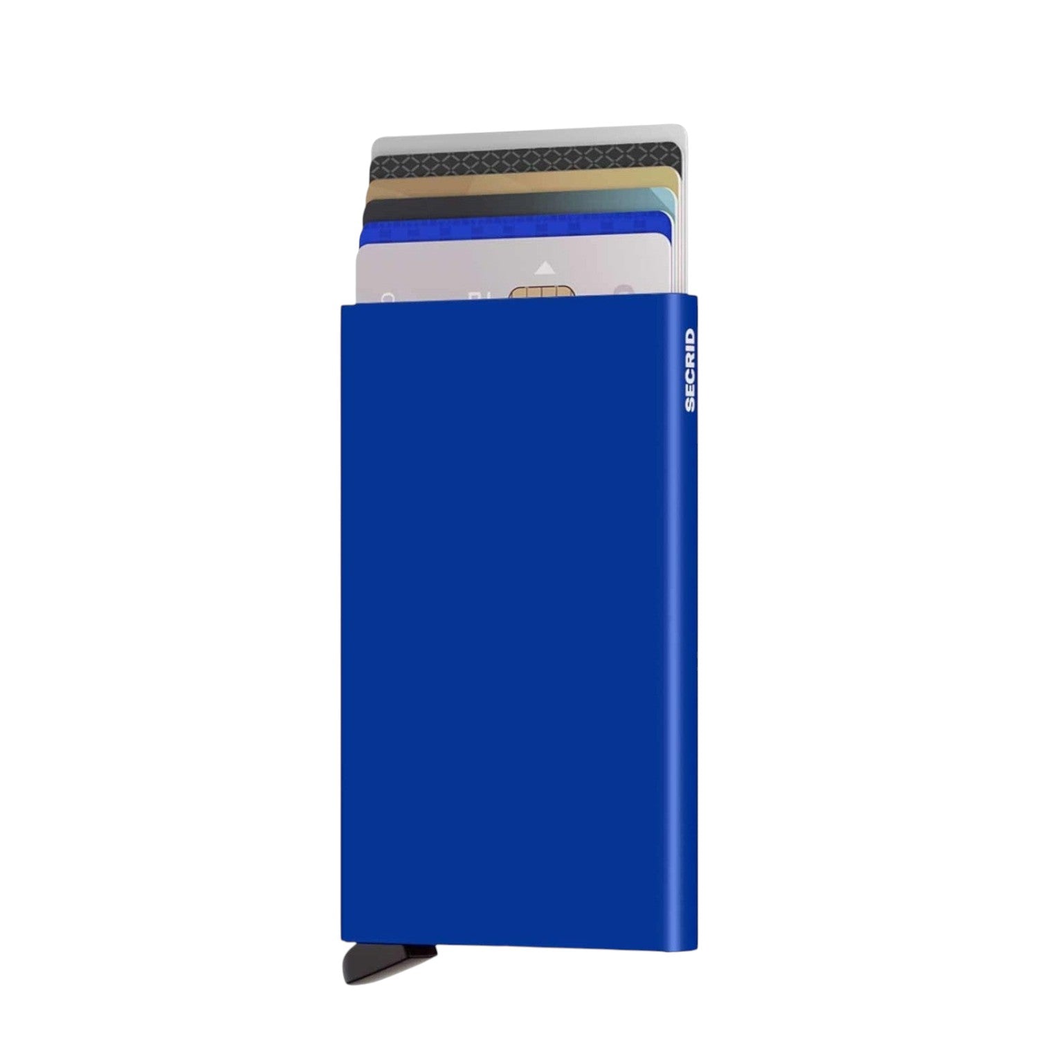 Lieblingstasche Secrid Cardprotector in vibrant blue aluminum with RFID protection and card slide mechanism