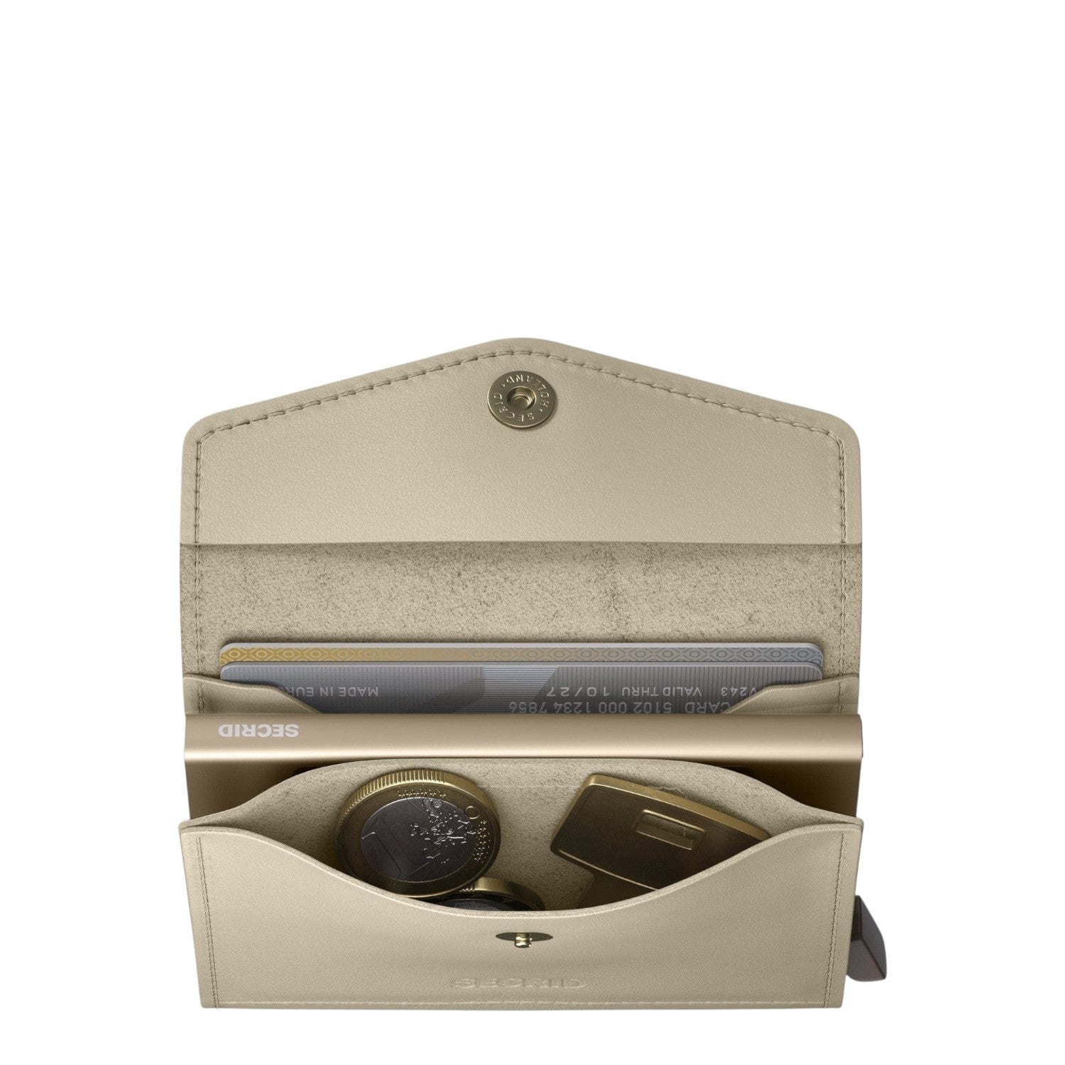 Lieblingstasche Secrid Envelope wallet in beige leather with card protector, coin compartment, and snap button closure.