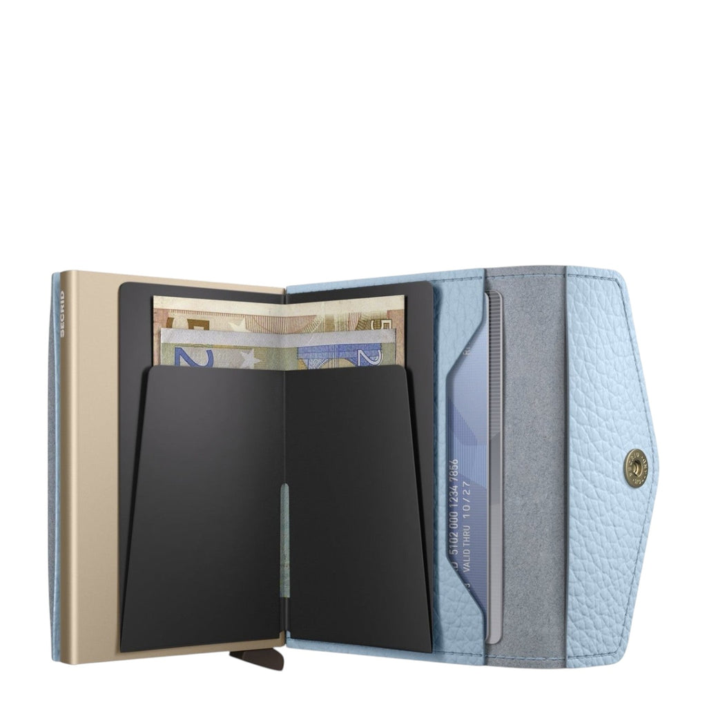 Lieblingstasche Secrid Envelope Pebble wallet in light blue leather with a gold card protector and snap closure.