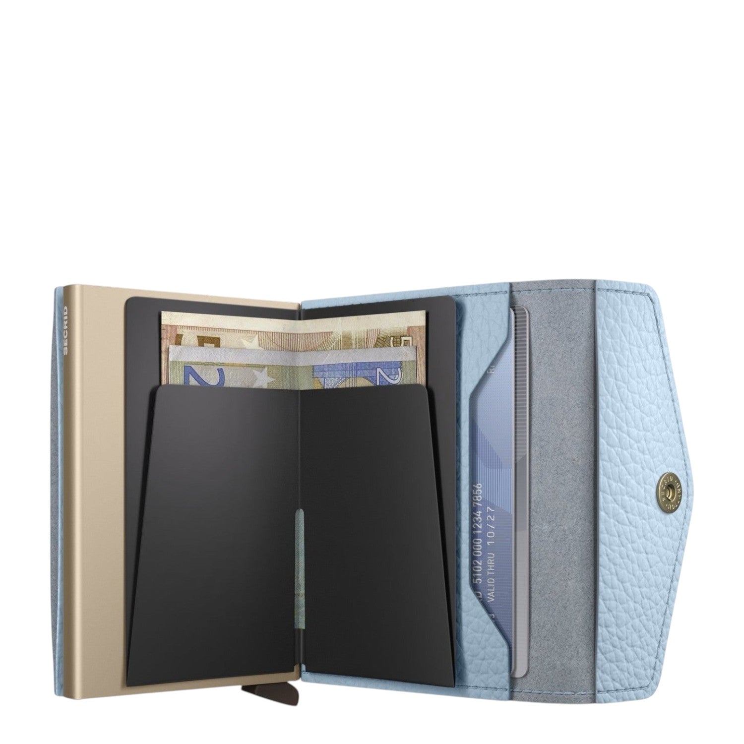 Lieblingstasche Secrid Envelope Pebble wallet in light blue leather with a gold card protector and snap closure.