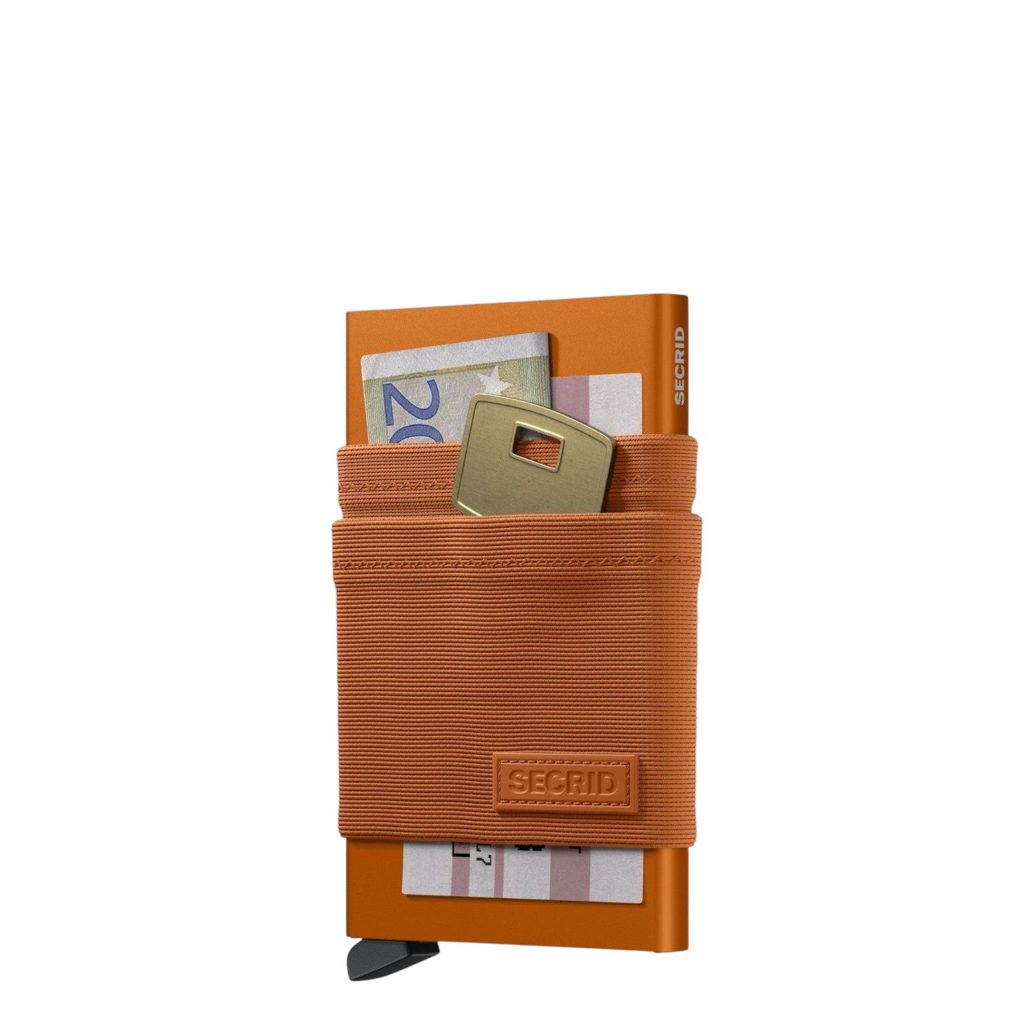 Lieblingstasche Secrid Flexwallet in orange with elastic powernet sleeve holding cards, cash, and a key