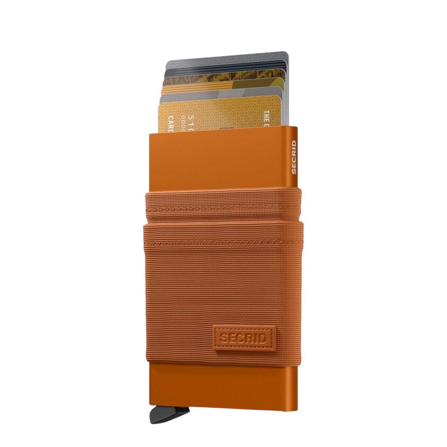 Lieblingstasche Secrid Flexwallet in orange with card protector and elastic powernet textile sleeve for RFID security