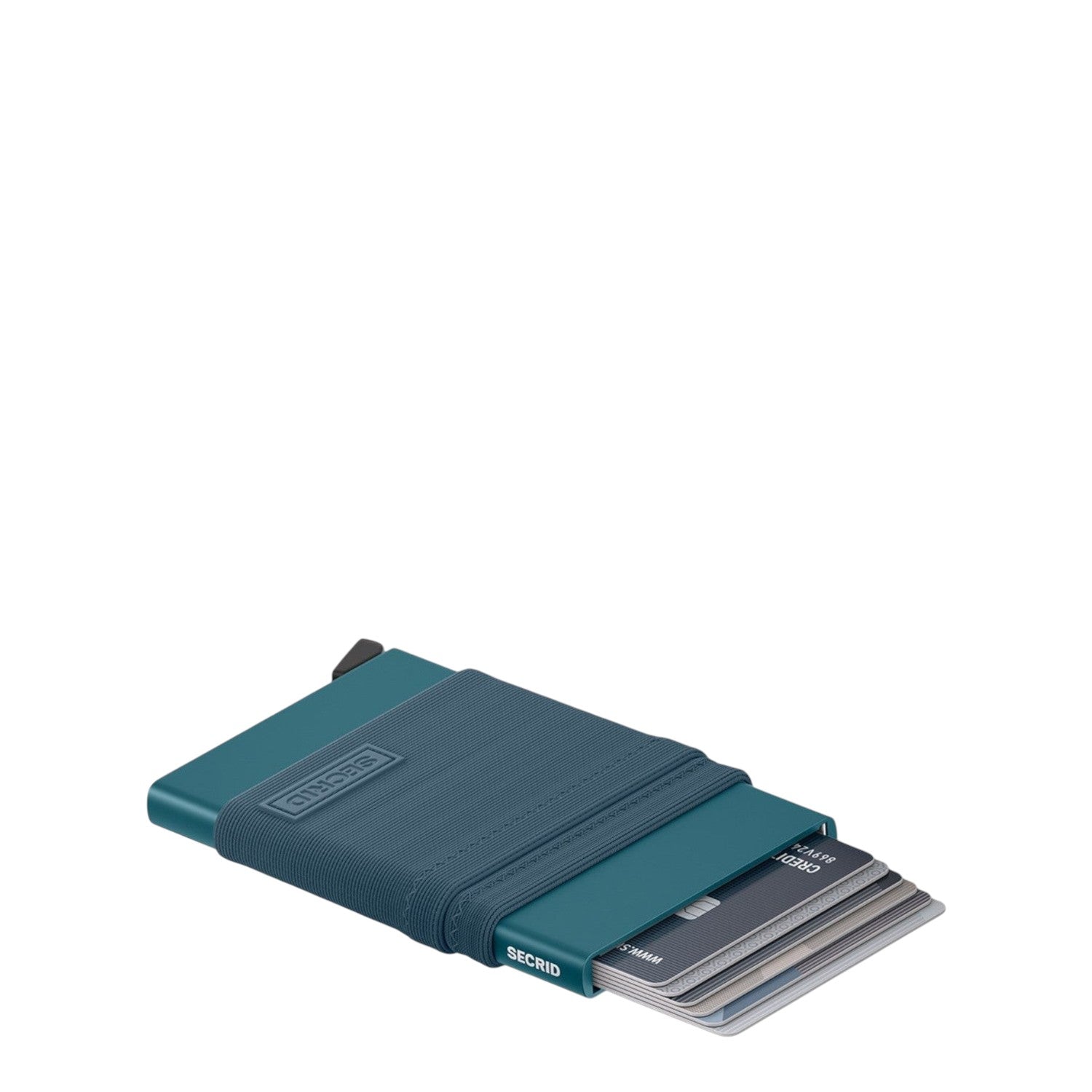Lieblingstasche Secrid Flexwallet in petrol blue with elastic powernet sleeve and card protector for RFID protection.
