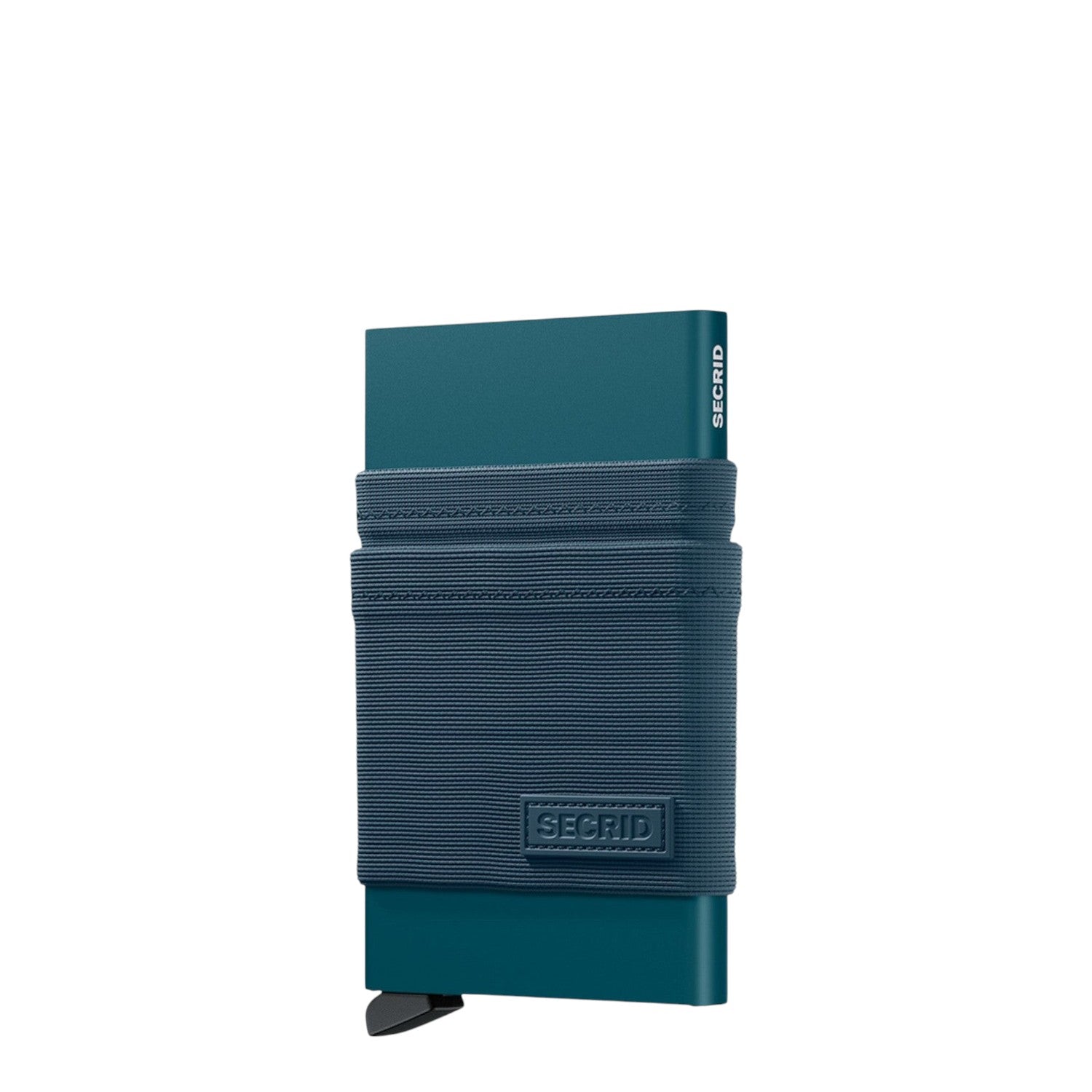 Lieblingstasche Secrid Flexwallet in teal with a flexible elastic powernet textile sleeve and RFID card protector.
